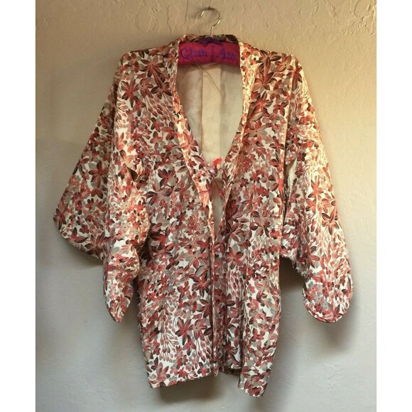 Women's Japanese Silk Floral Print Kimono Jacket Cardigan Tie-Front 3/4 Sleeve